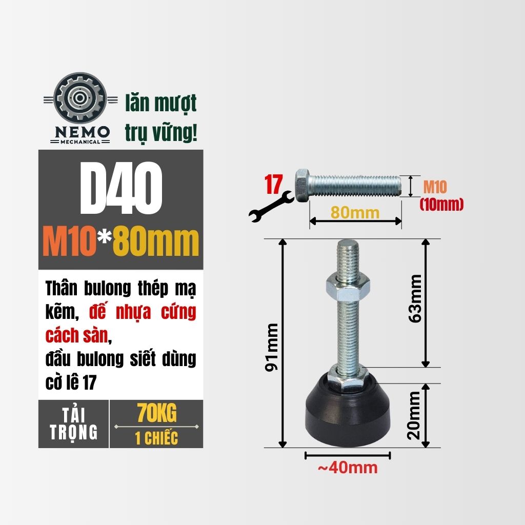 Chân Tăng Chỉnh Đế Nhựa Cứng – Giải Pháp Cân Bằng & Chống Rung (M10, M12, M16)